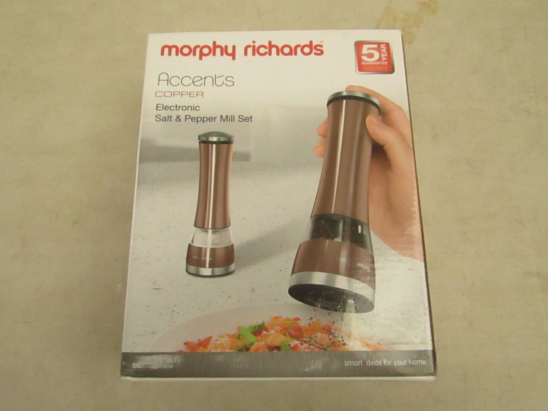 Morphy Richards Accents copper electronic salt and pepper mill set, unchecked and boxed.