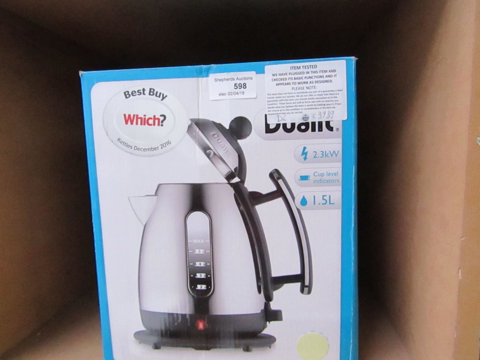 Dualit 1.5L jug kettle, tested working and boxed.