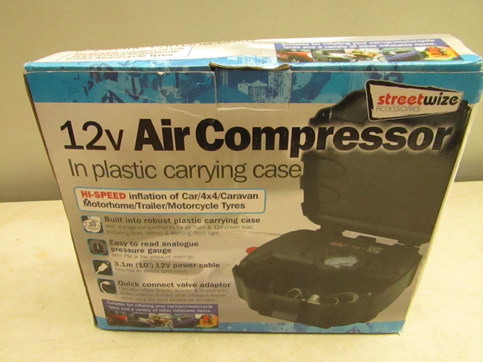 Streetwize 12v air compressor in carry case, boxed and unchecked