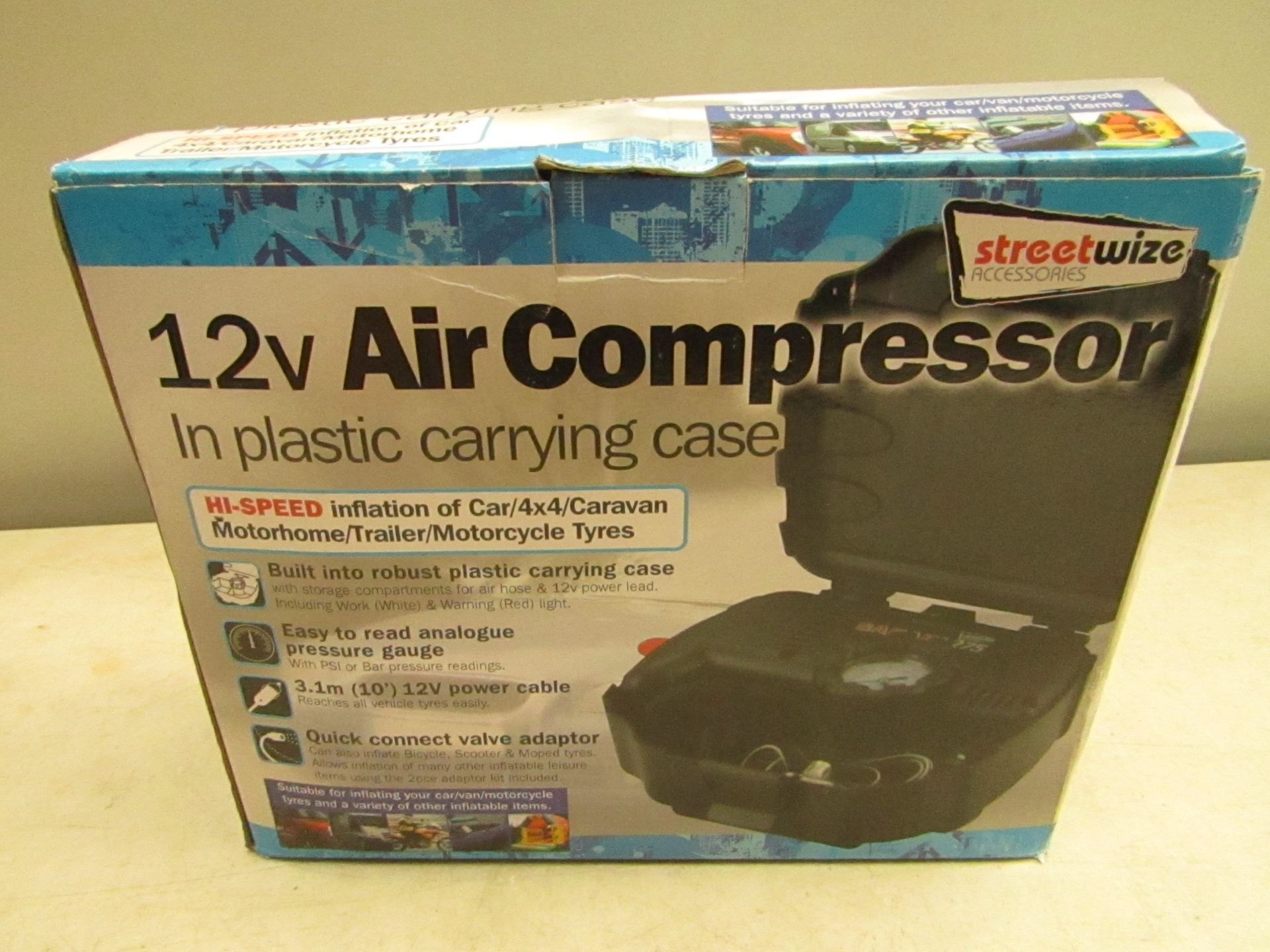 Streetwize 12v air compressor in carry case, boxed and unchecked