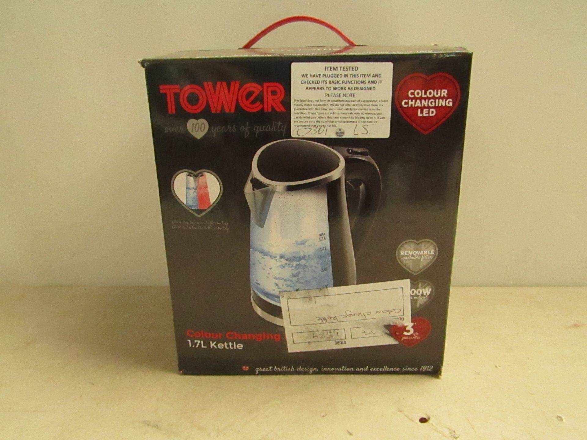 Tower colour changing 1.7L kettle, tested working and boxed.