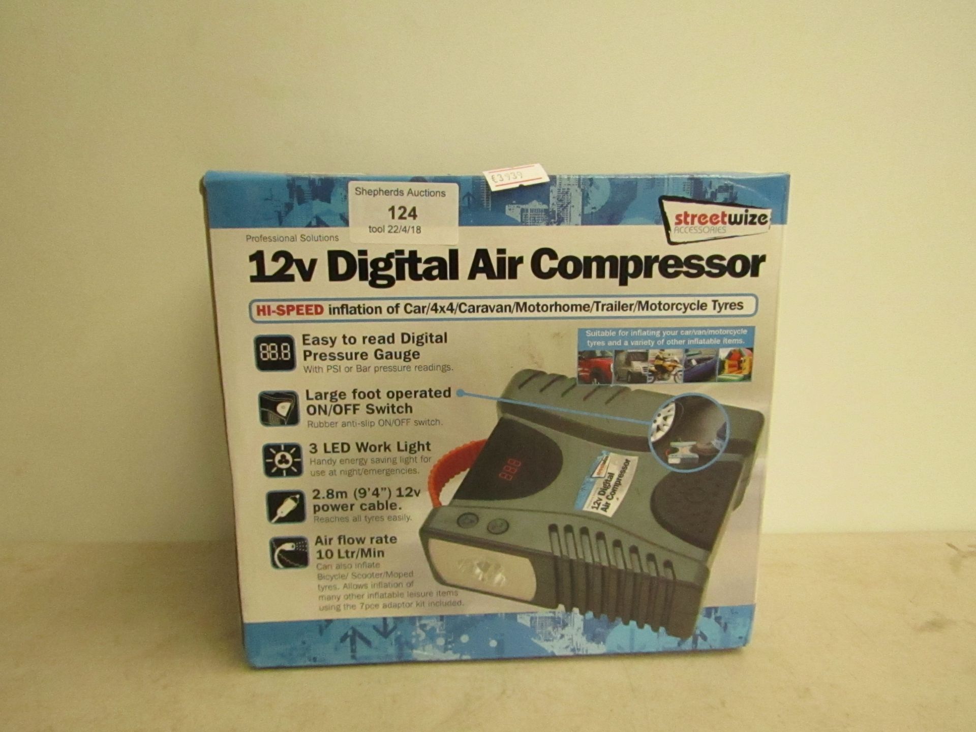 Streetwize 12v digital air compressor, boxed and unchecked