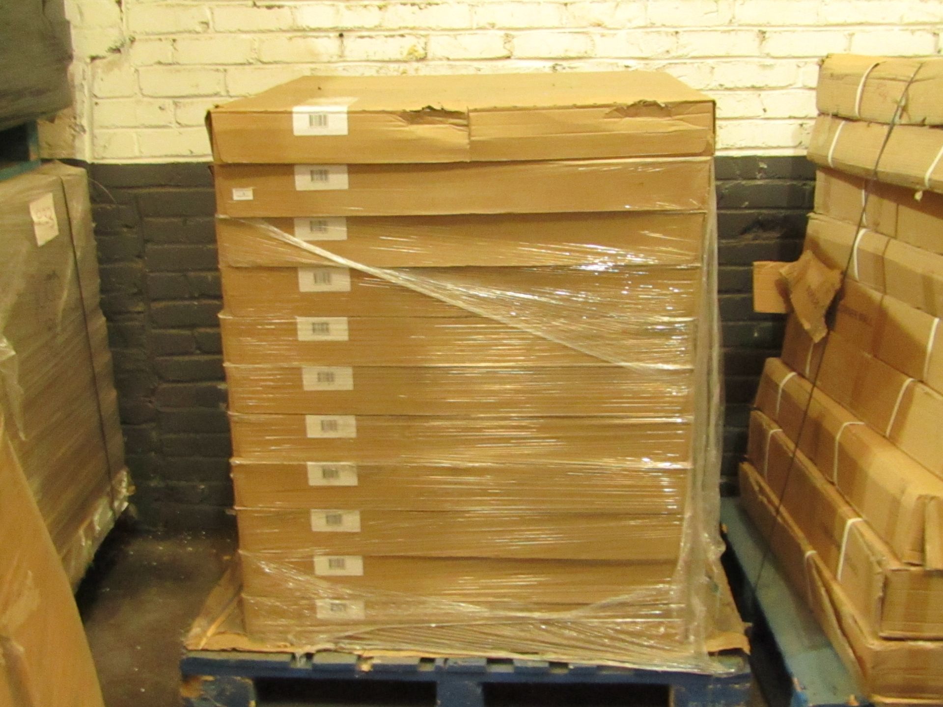 Pallet of 11x 925mm cured corner base cabinet carcases, white colour. All new and boxed.