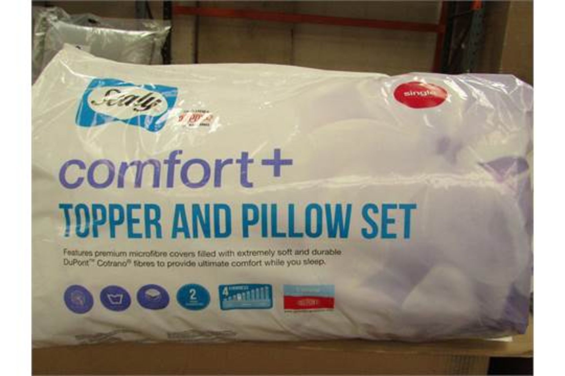 1x Sealy 'Comfort+' topper and pillow set, single size, new in packaging.