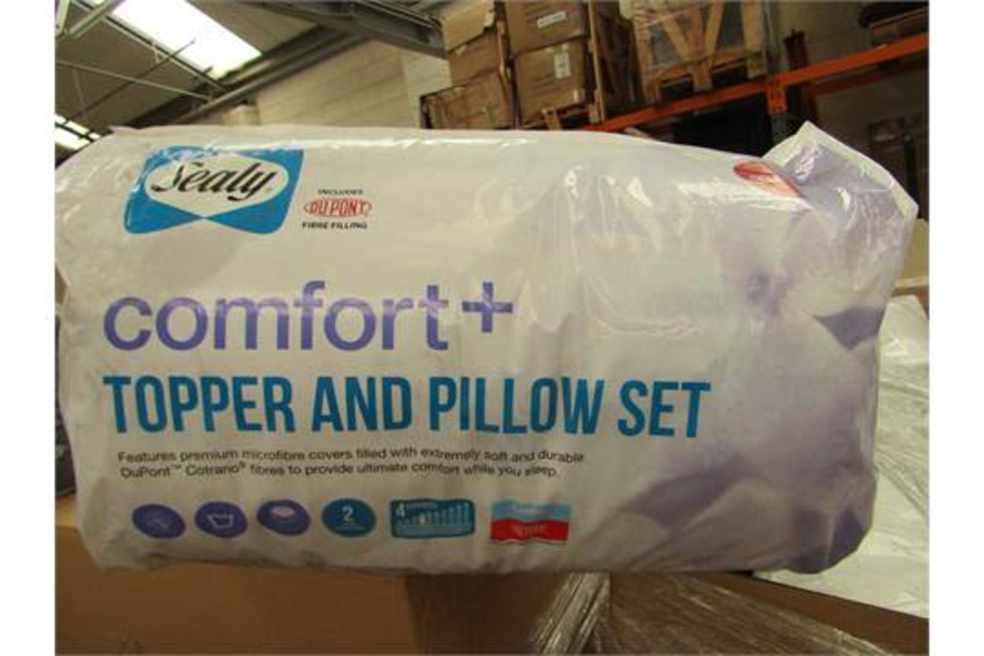 1x Sealy 'Comfort+' topper and pillow set, double size, new in packaging.