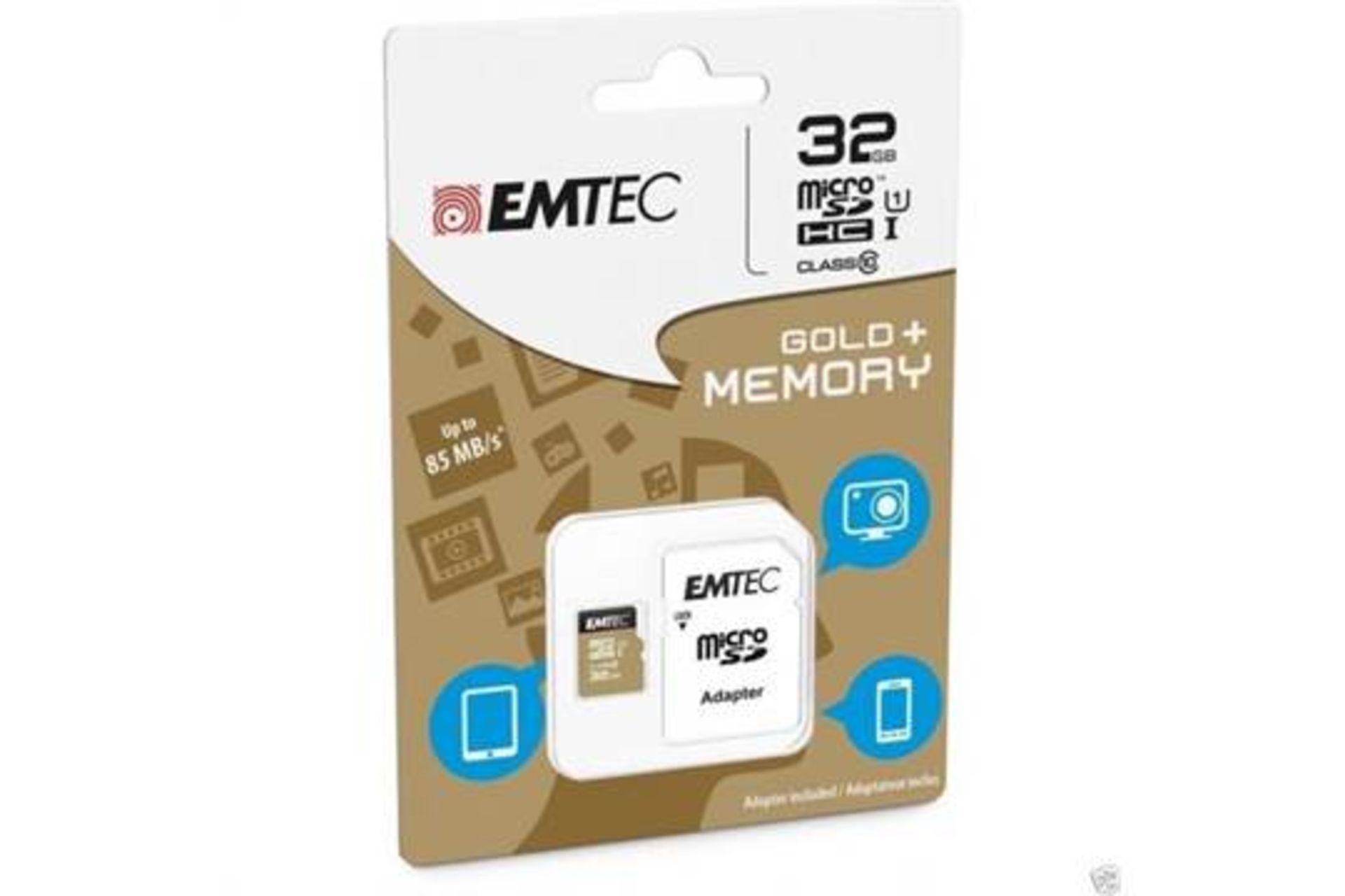 1x Emtec Gold + Memory 32GB Micro SD card with SD card adaptor, fits in Smart phones, tablets,