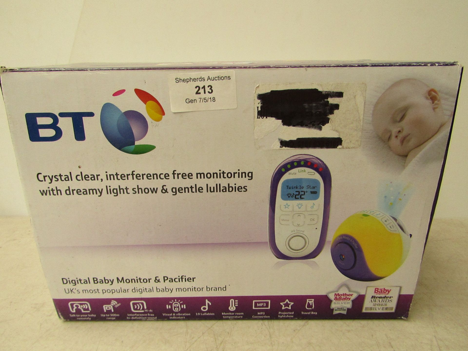 BT digital baby monitor & pacifier, unchecked and boxed.
