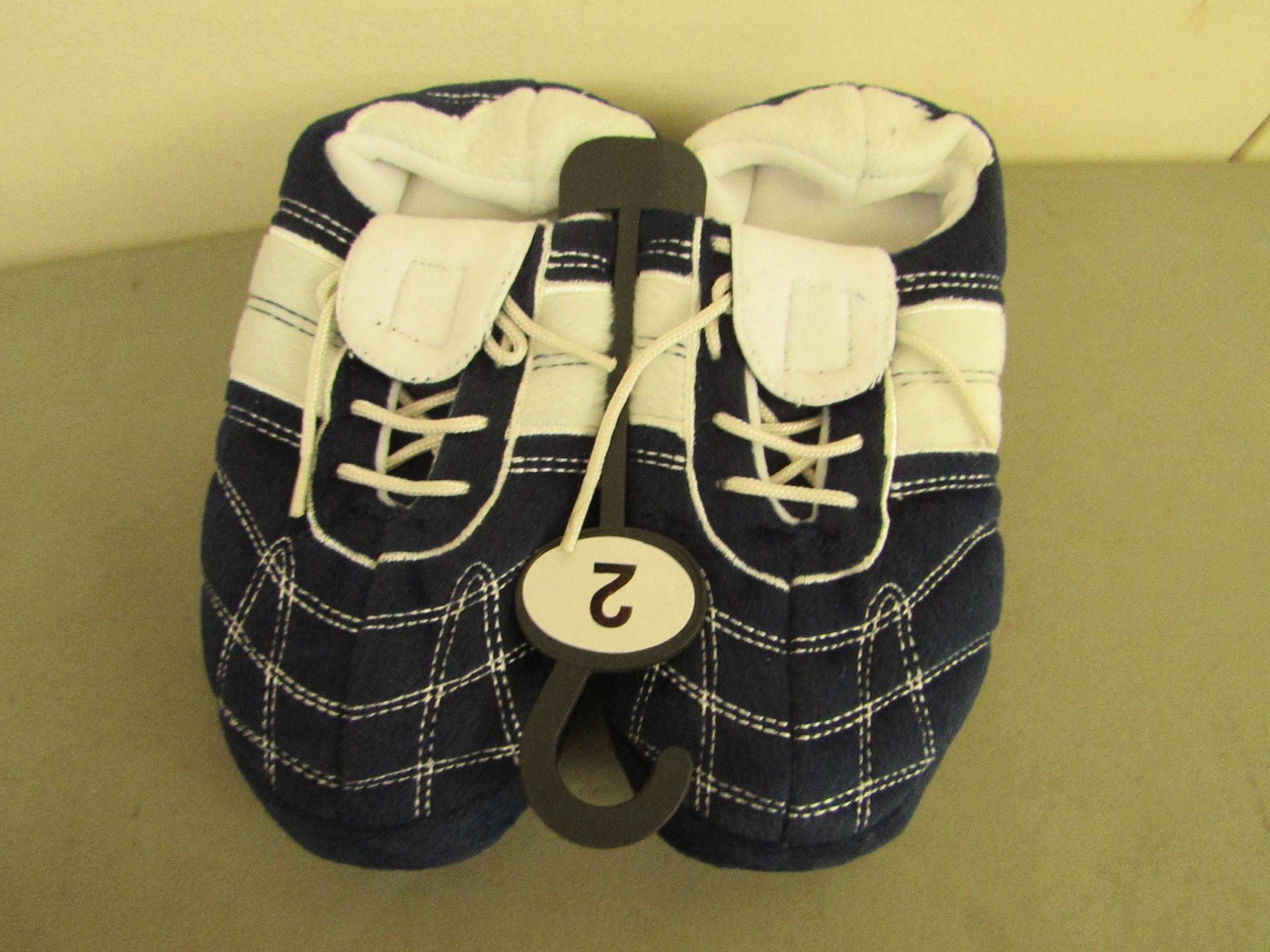 6 X Football Themed Slippers  blue/white all size 2 new in packaging