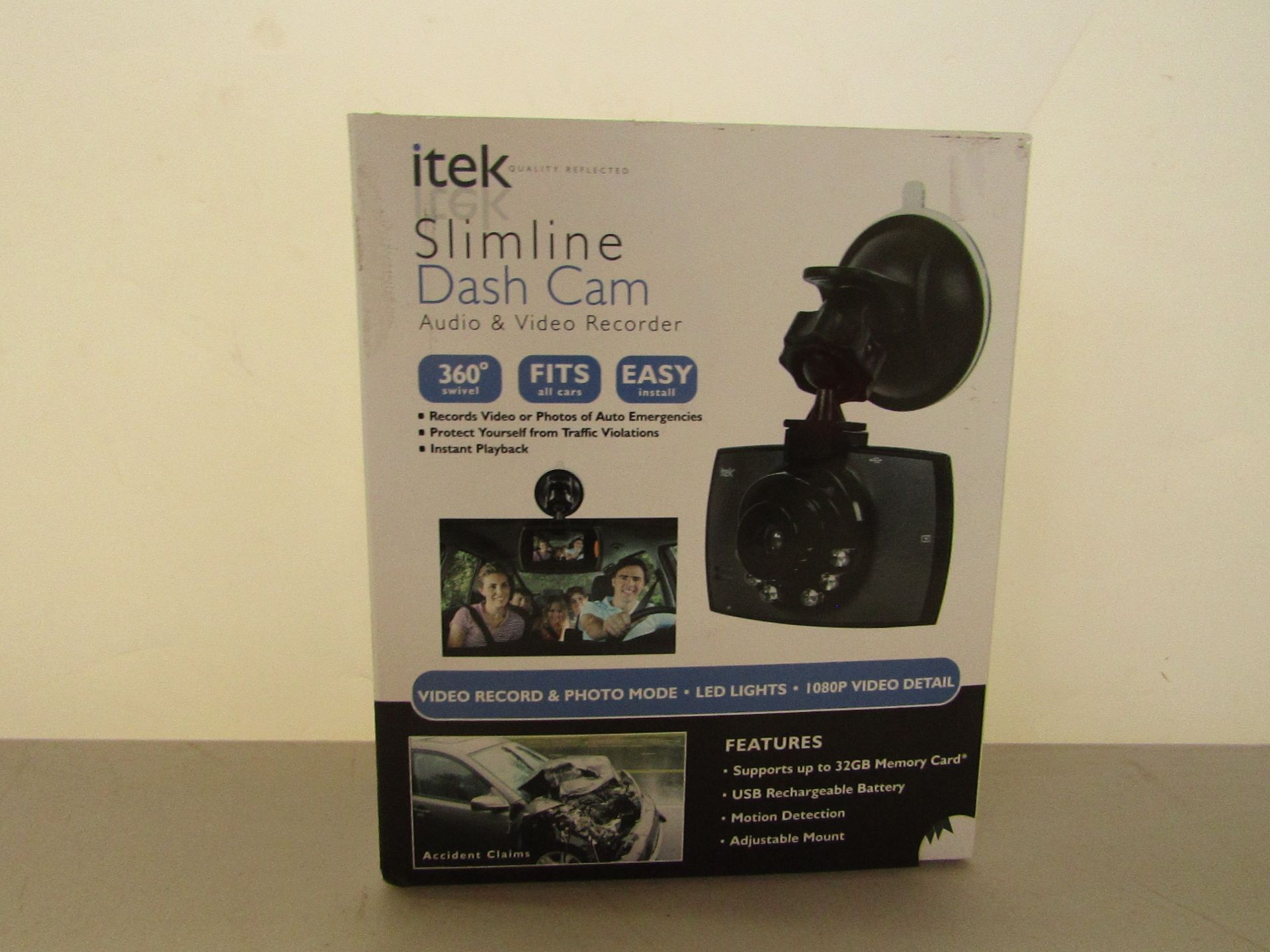 Itek slimline dash cam audio and video recorder, untested and boxed.