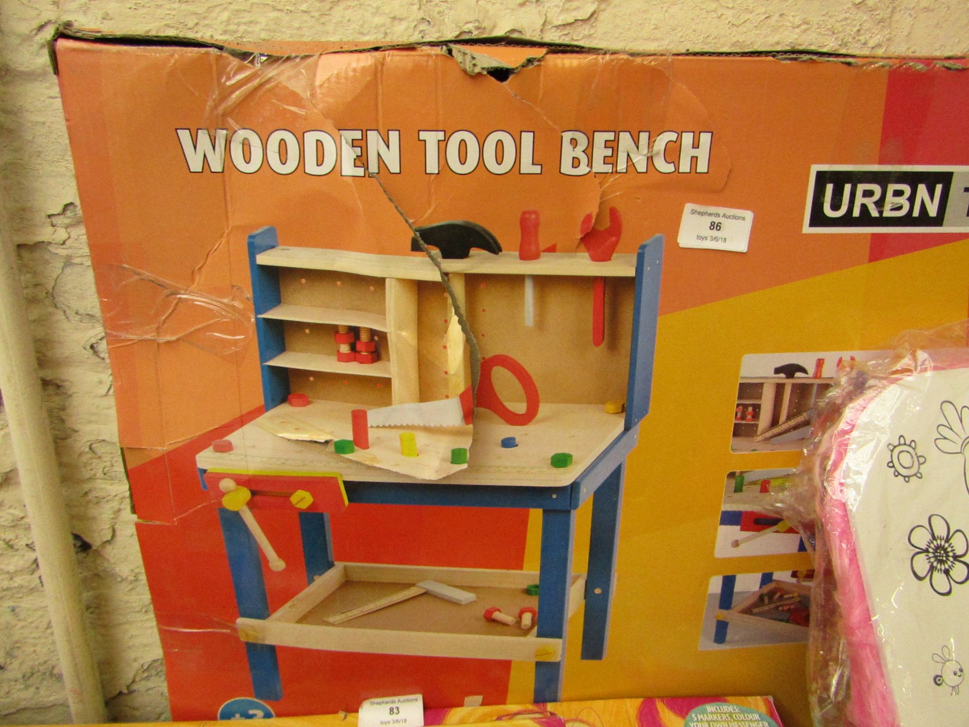 Wooden tool bench set, boxed.