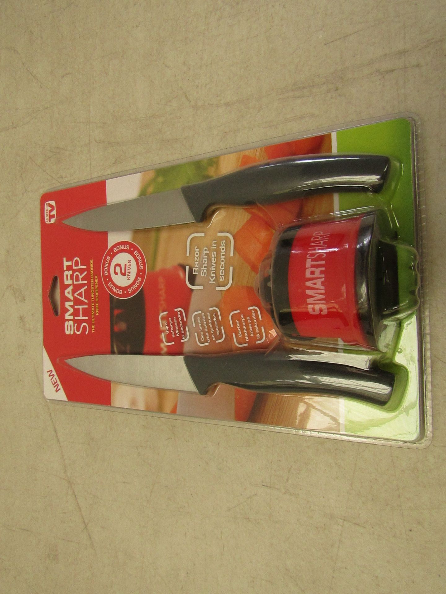 3x Smart Sharp knves with sharpener, all new and packaged.