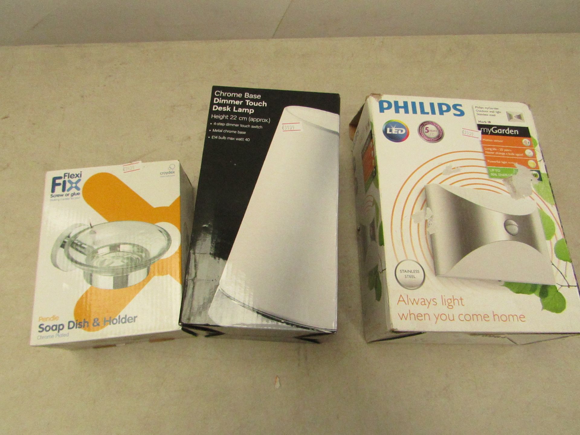 3x Items being; Flexi soap dish & holder, Chrome base dimmer touch lamp and Philips LED motion
