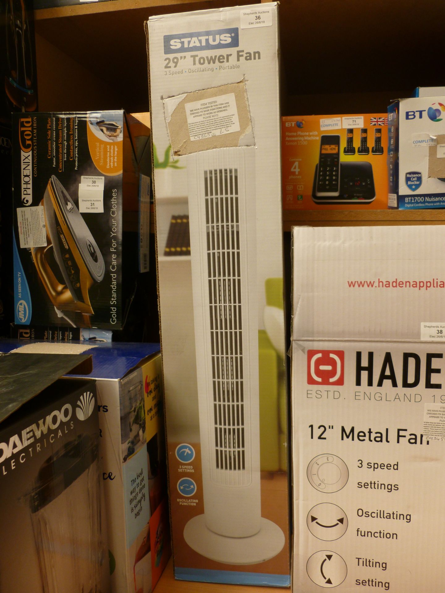 Status 29" tower fan, tested working and boxed.