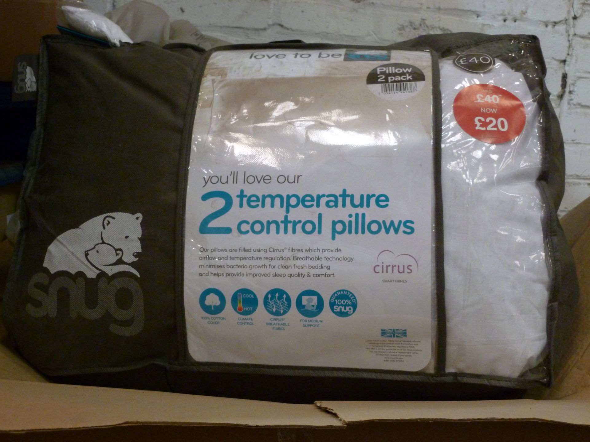 Pack of 5x Snug pair of temperature control pillows (10 pillows in total), all new in packaging.