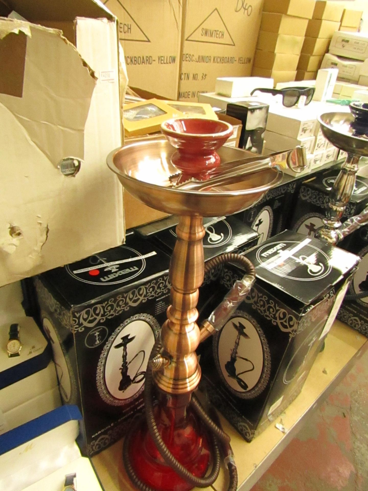 Shisha / Hookah red bowl with bronze metalwork 25" tall, new and boxed.