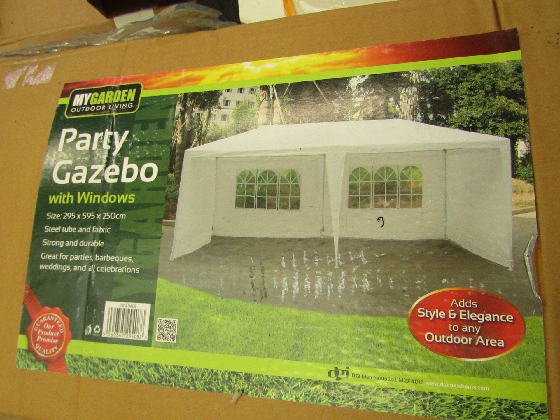 5x MyGarden part gazebos, cream cover, size 295 x 595 x 250cm, all unchecked and boxed.