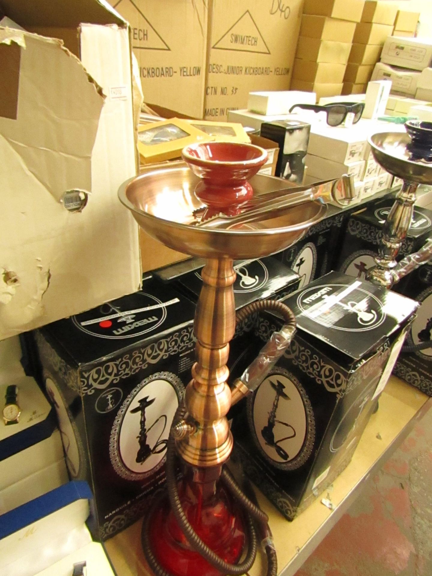 Shisha / Hookah red bowl with bronze metalwork 25" tall, new and boxed.