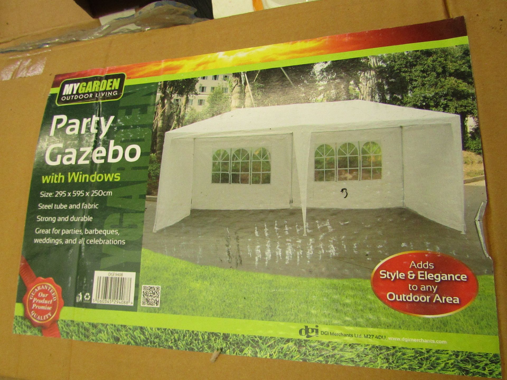 5x MyGarden part gazebos, cream cover, size 295 x 595 x 250cm, all unchecked and boxed.