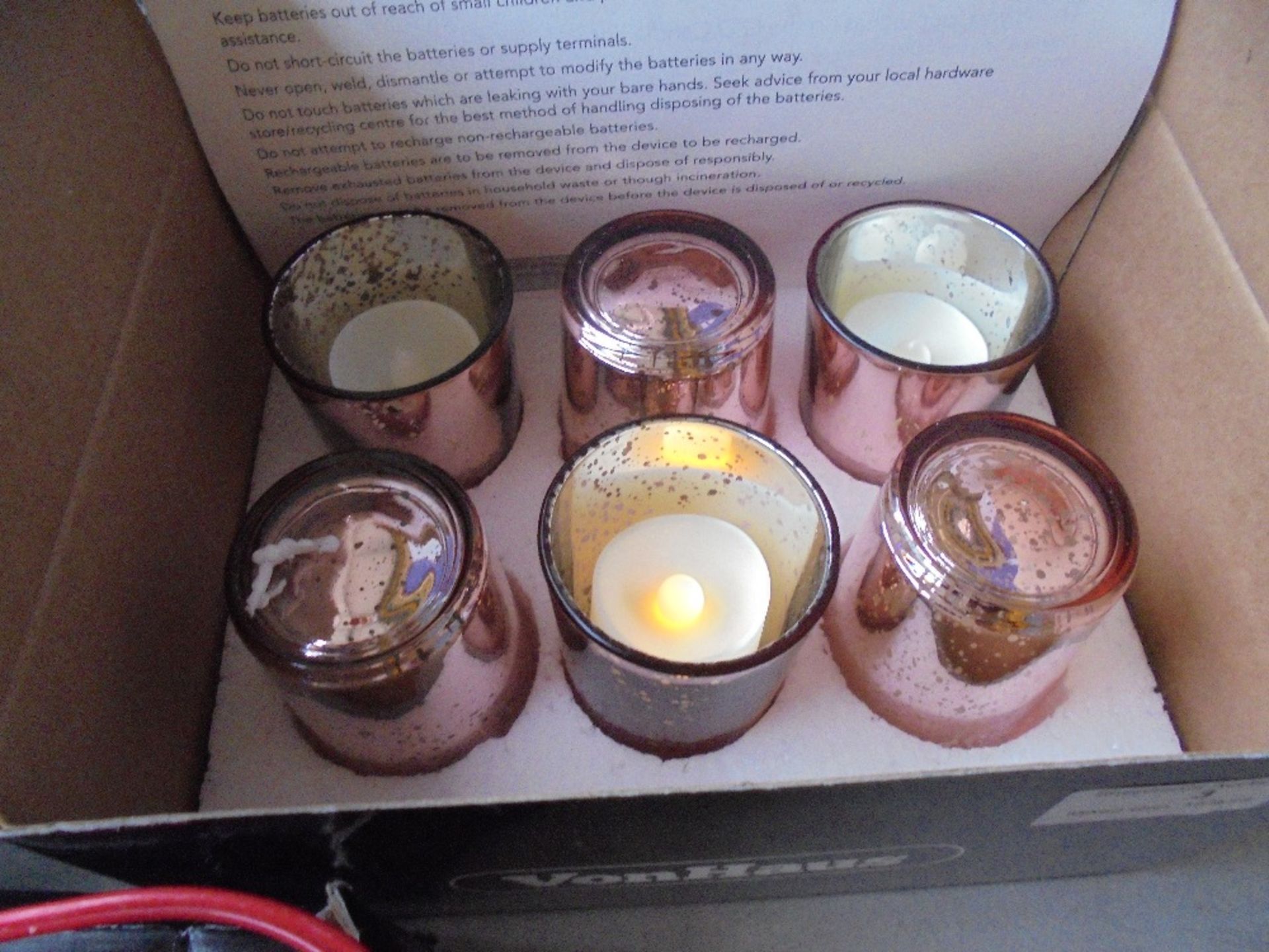 Set of 6 piece rose gold glass holder & LED tea light set new & boxed