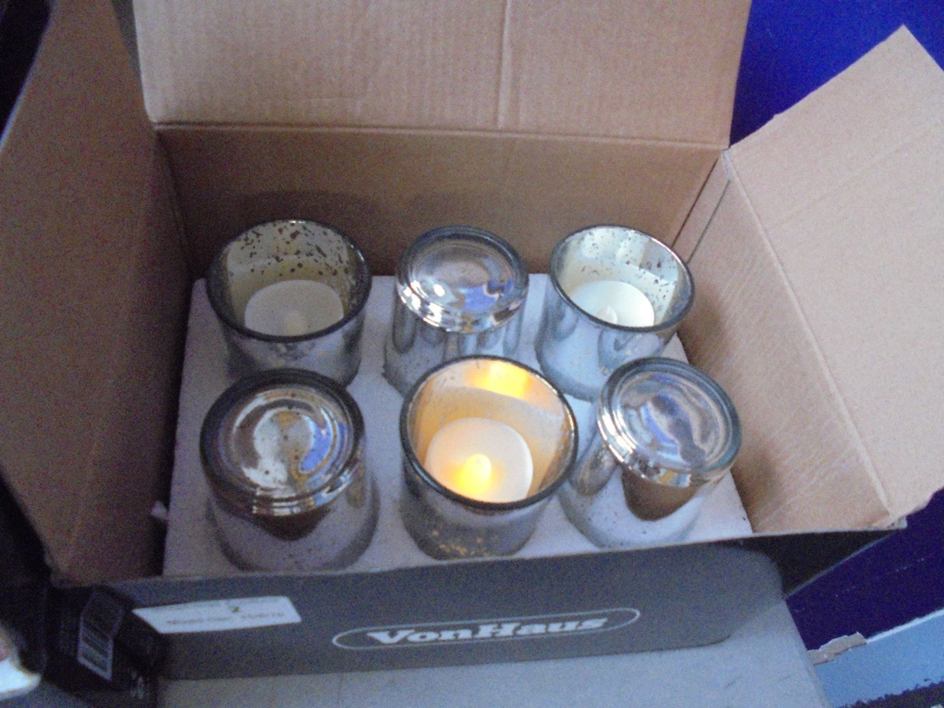 Set of 6 piece silver glass holder & LED tea light set new & boxed