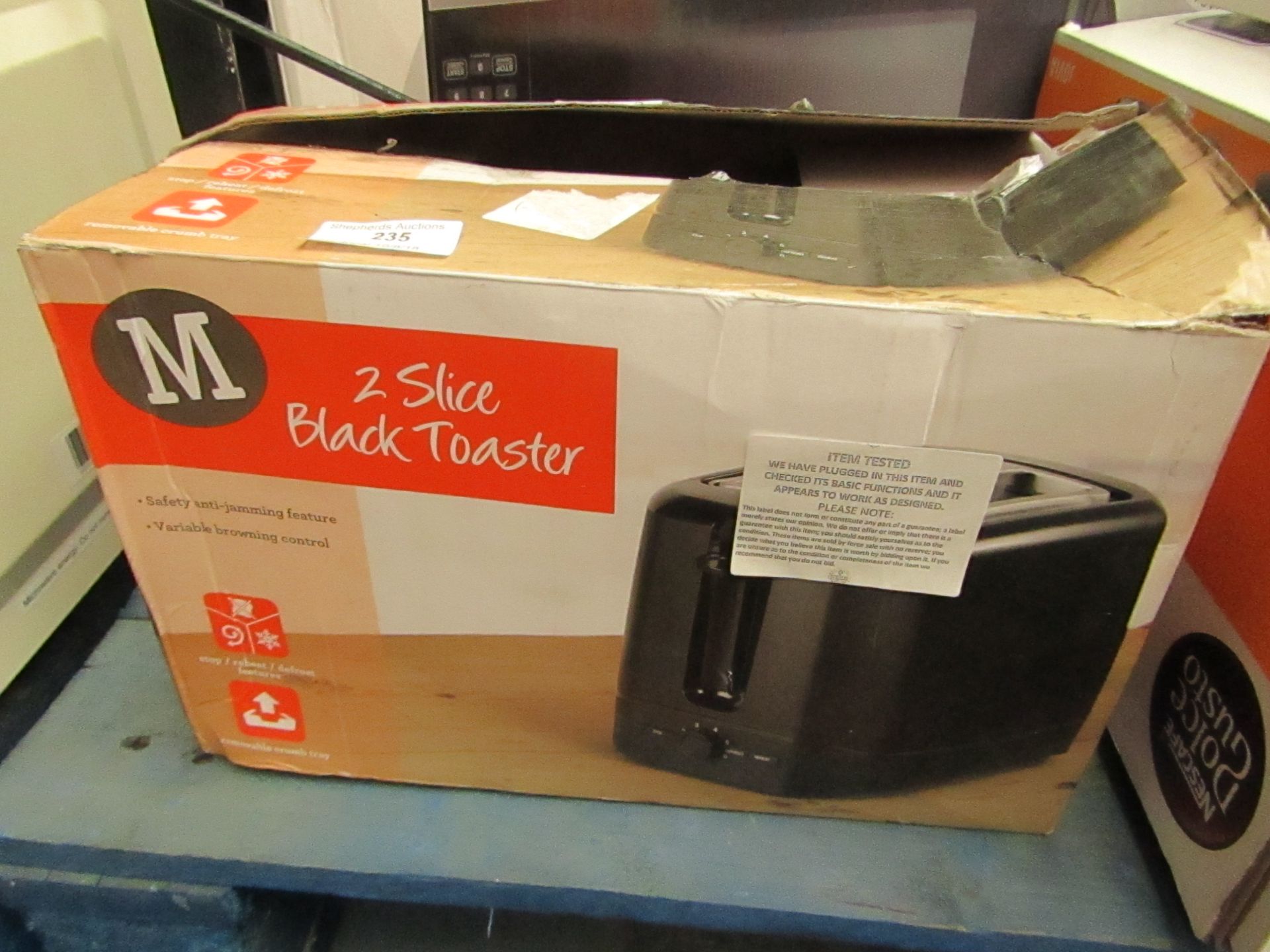 2 slice black toaster, tested working and boxed