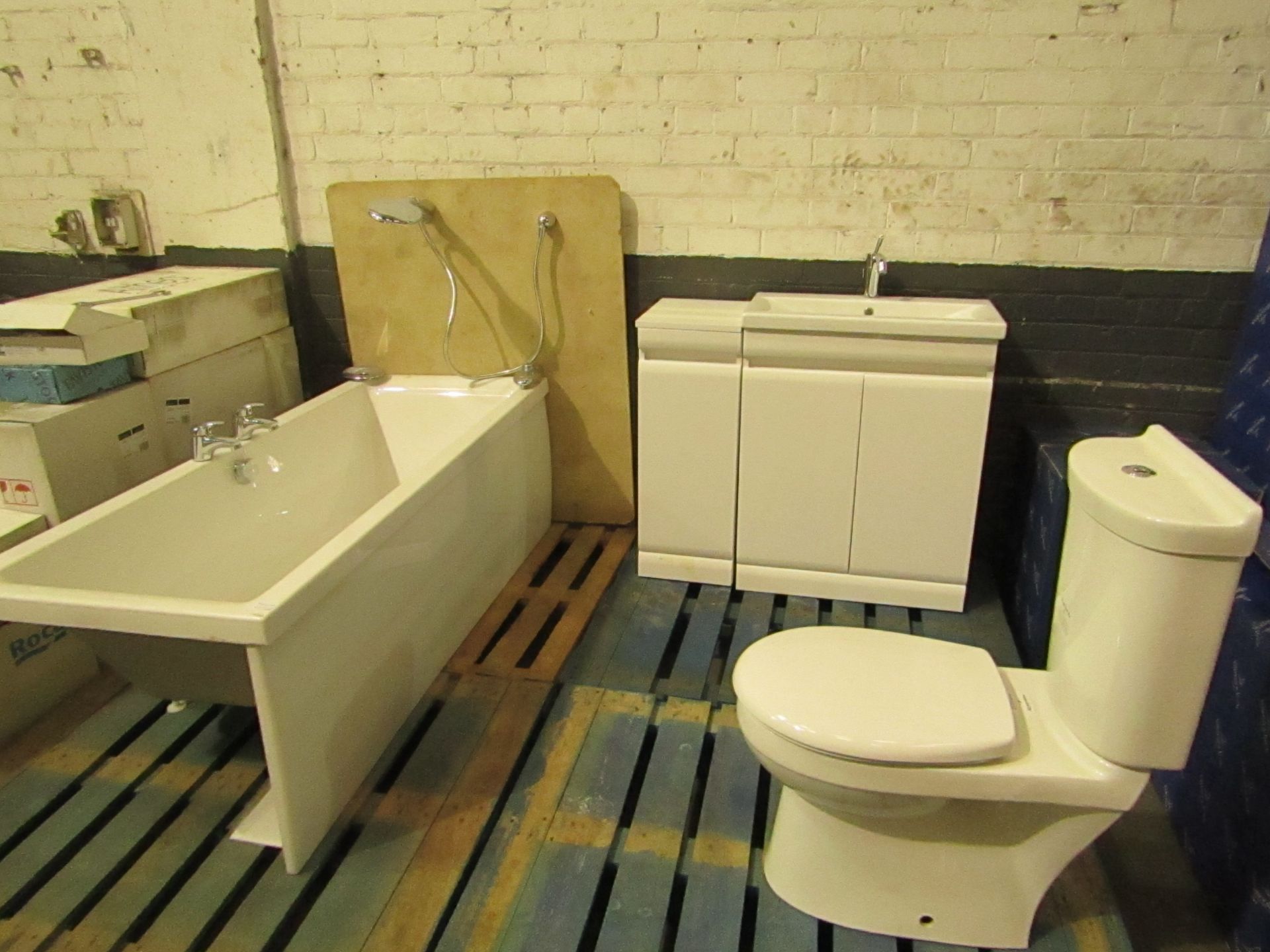 Full bathroom set containing; Twyford toilet pan Twyford cistern with included tank and flush button