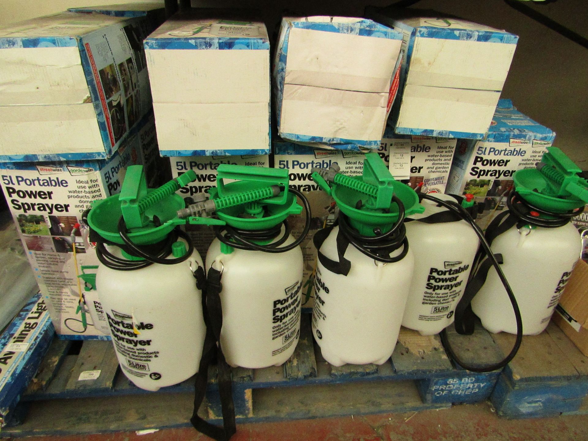 5x Streetwize 5L portable power sprayer, all unchecked and boxed.