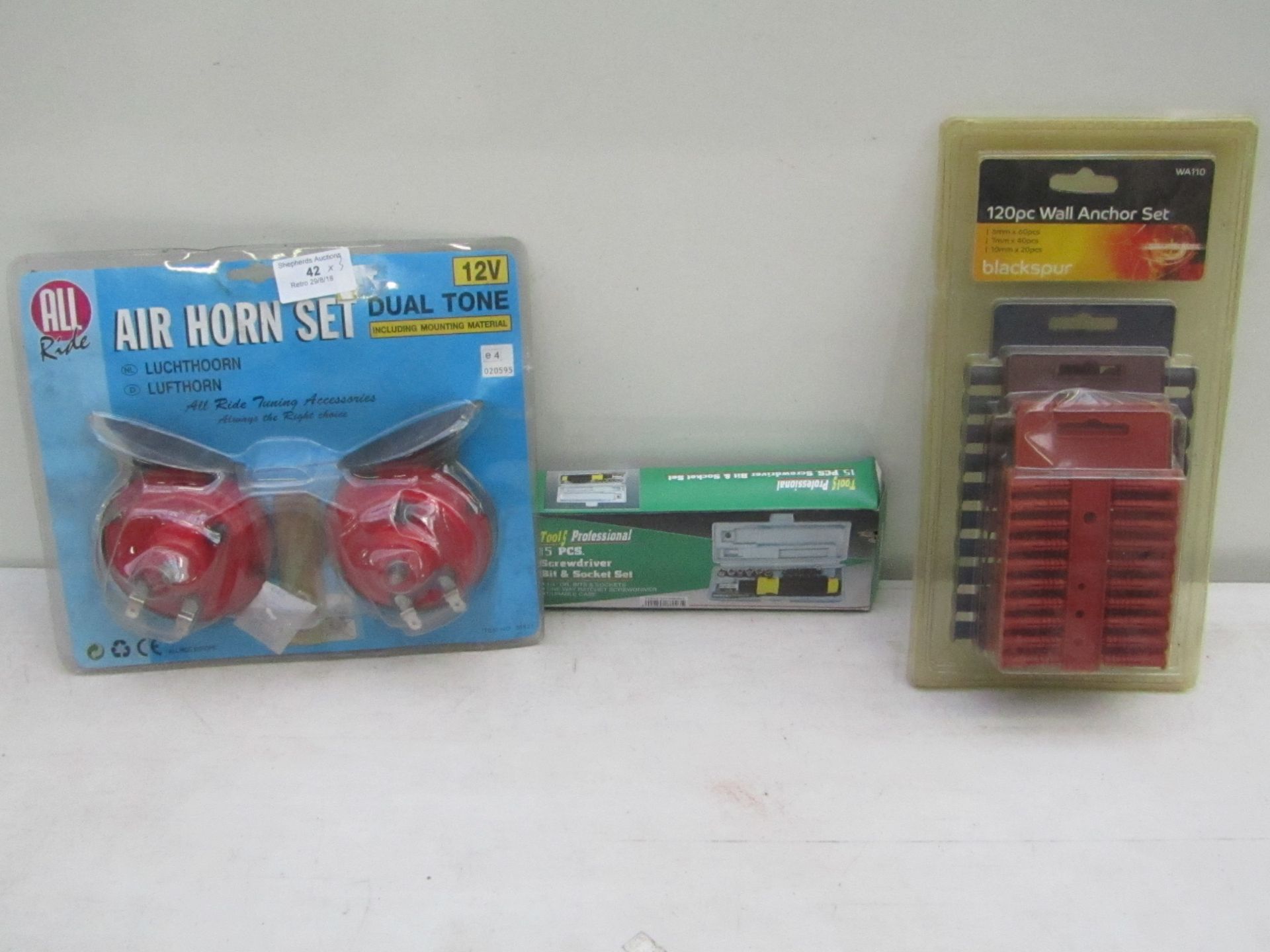 3x Items being; Tools professional 15pc bit & socket set, Air horn set and 120pc wall anchor set,