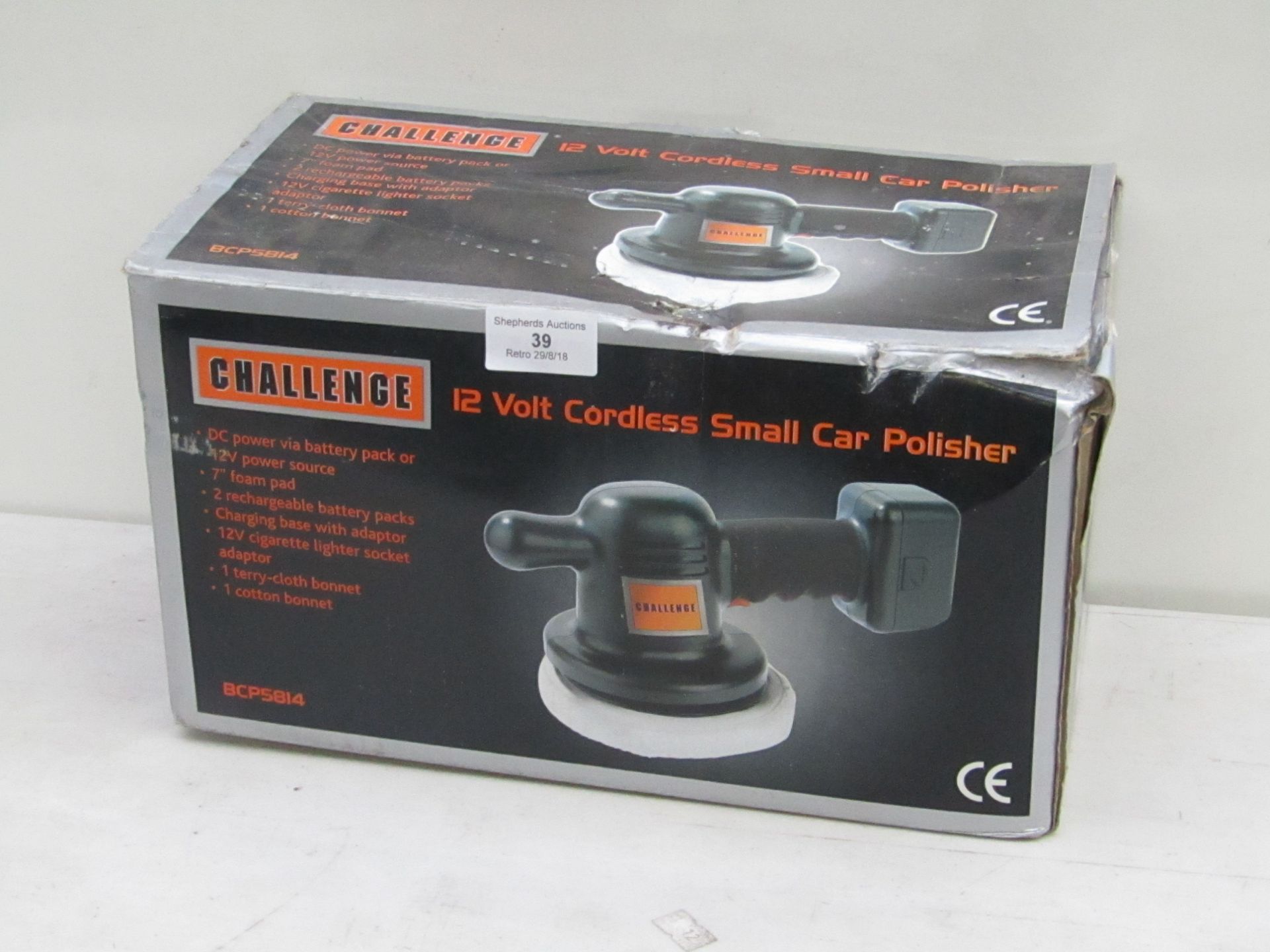 Challenge 12V cordless small car polisher, unchecked and boxed.