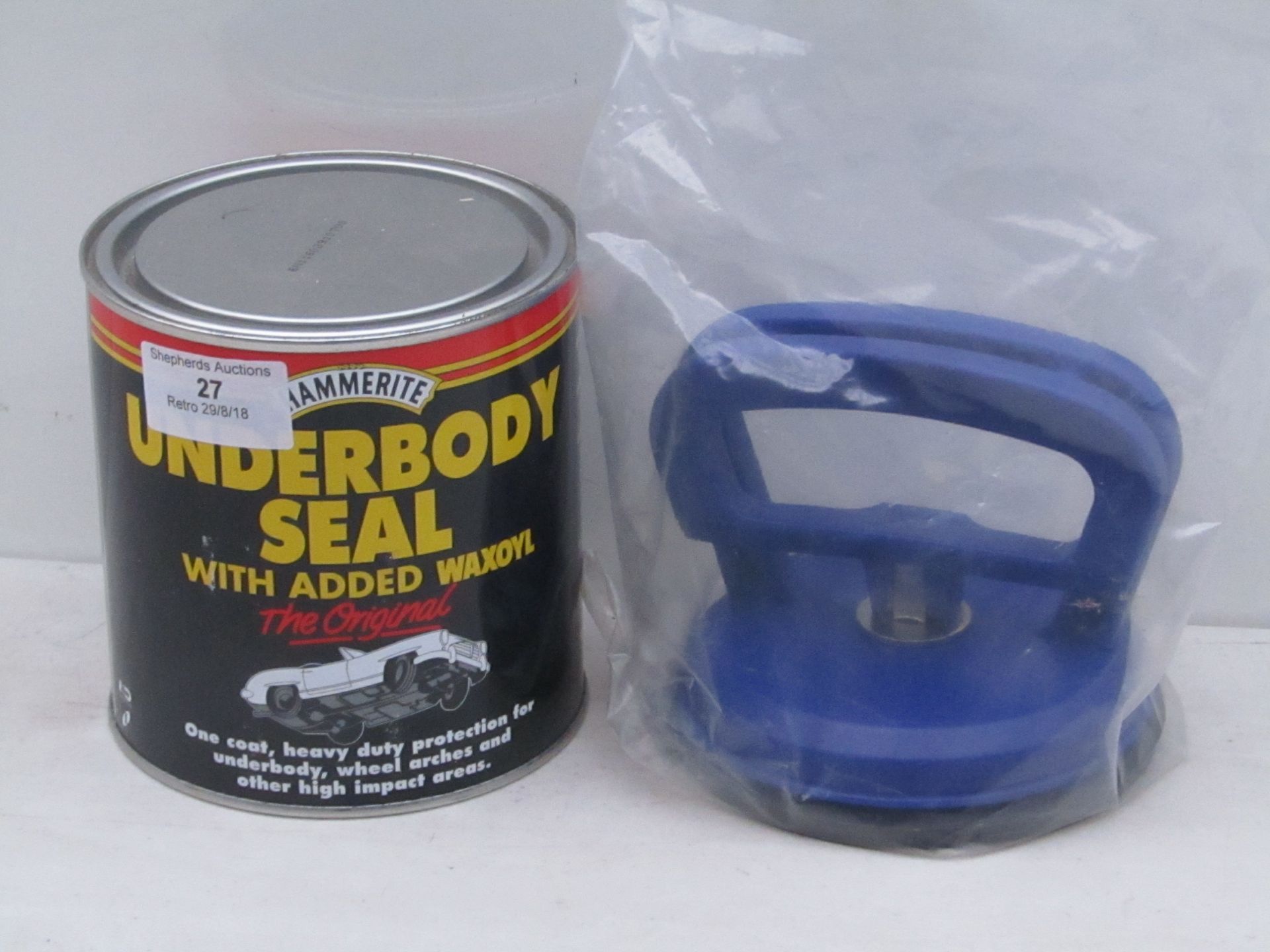 2x Items being Suction pad and 1L tin of Hammerite underbody seal paint (unopened)