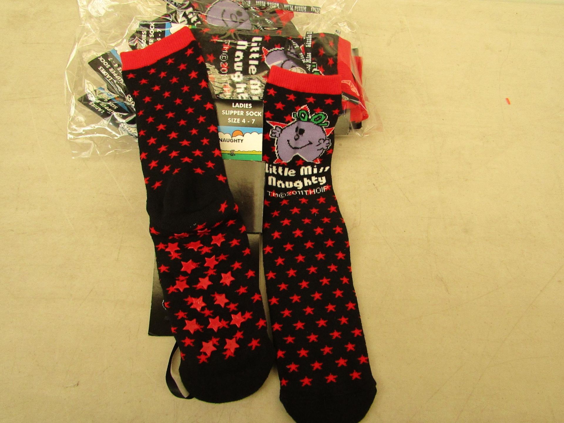 5 X Packs of 5 Little Miss Naughty Ladies Slipper socks all size 4-7 all new in packaging