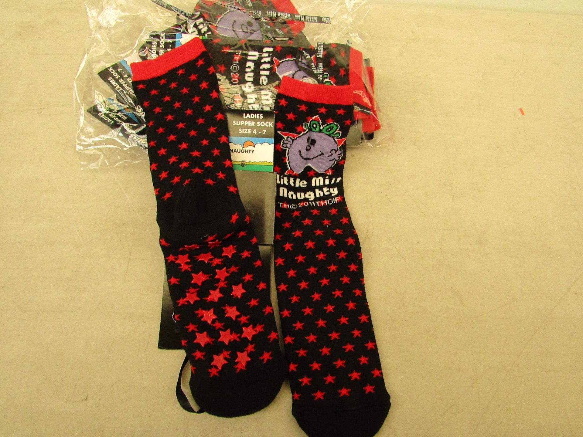 5 X Packs of 5 Little Miss Naughty Ladies Slipper socks all size 4-7 all new in packaging