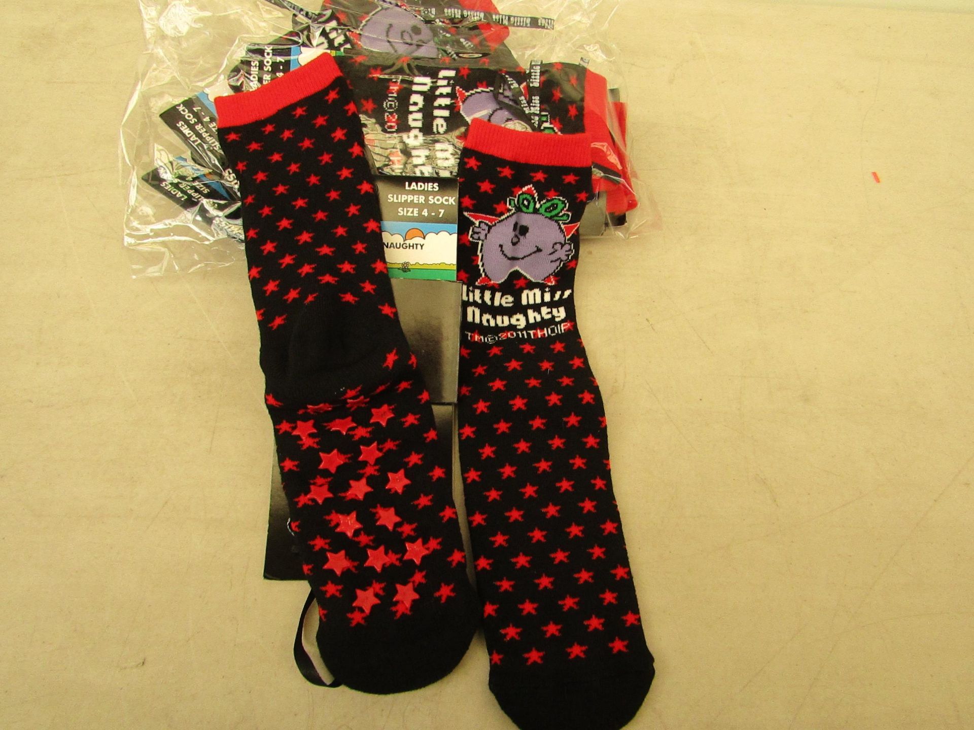 5 X Packs of 5 Little Miss Naughty Ladies Slipper socks all size 4-7 all new in packaging