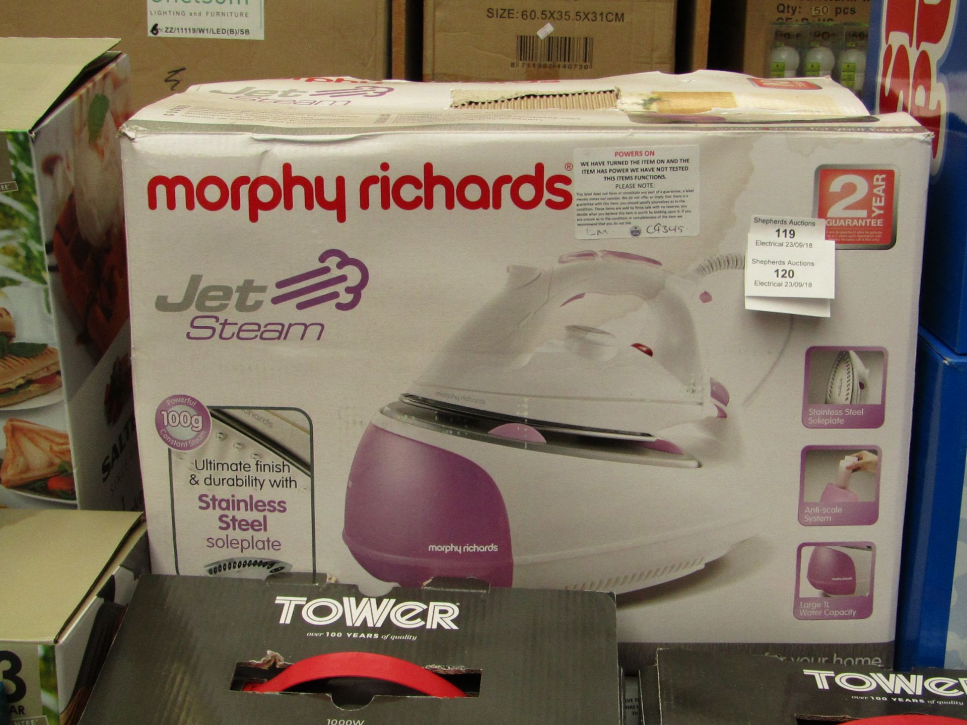 Morphy Richards Jet Steam generator iron, powers on and in damaged packaging.