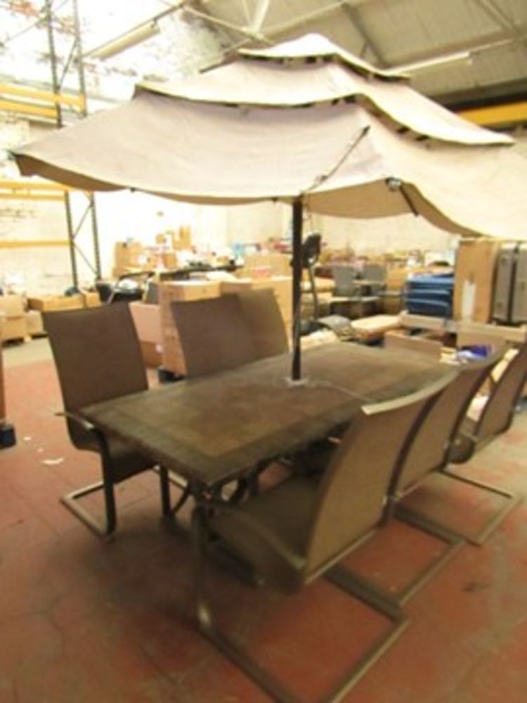 General Auction Containing: 6 Seater Tile Top Garden Dining Set, Rattan Furniture, Suitcase Sets, Various Household Item and Much Much More!