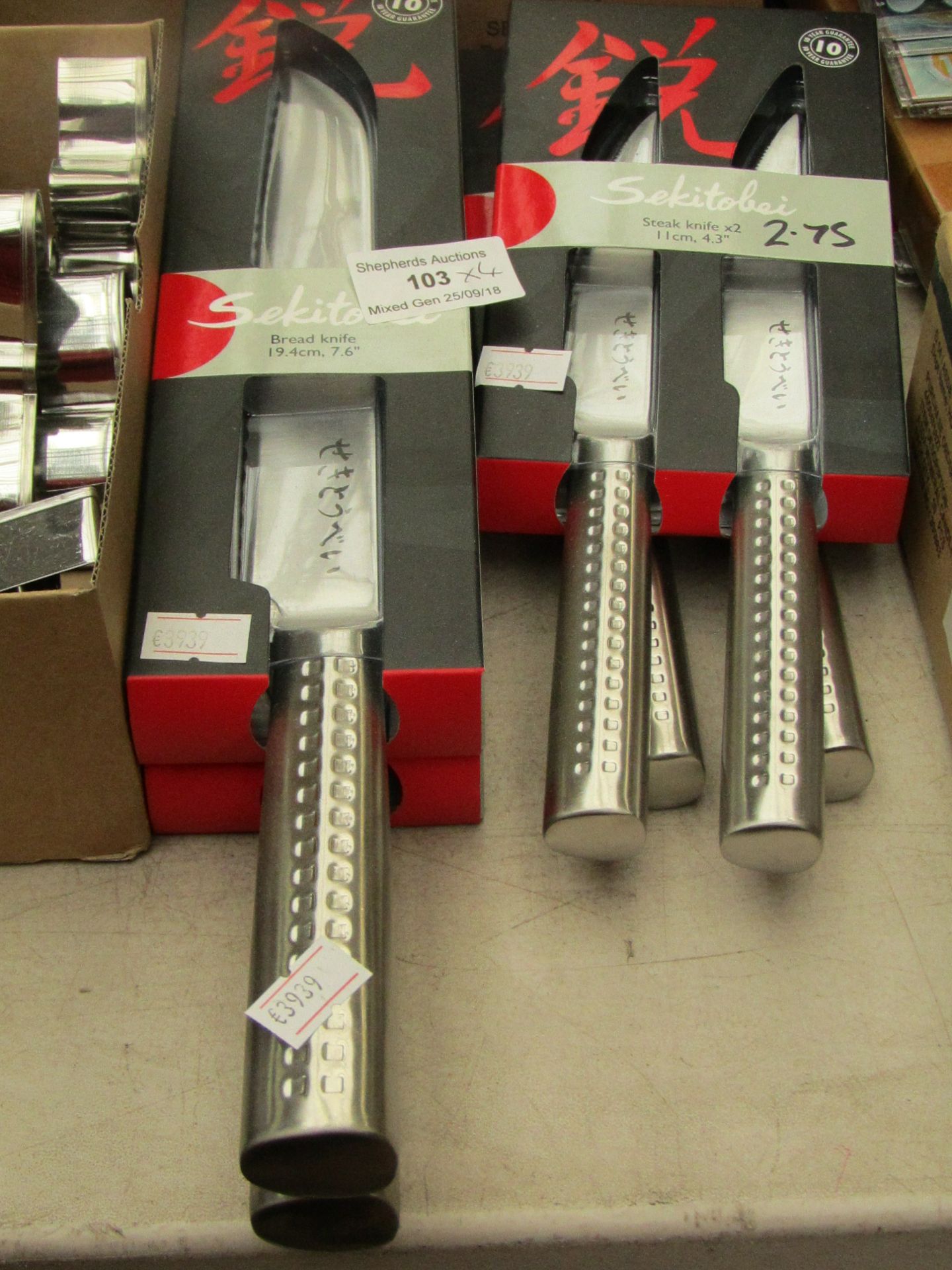 6x Sekitobei knives being: 2x bread knives 7.6" & 2x pairs of steak knives 4.3". All new & boxed.