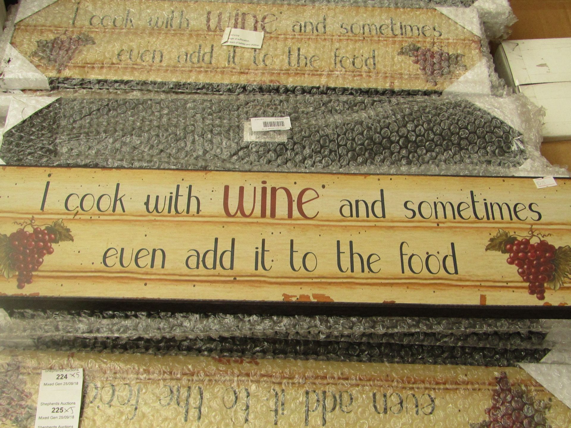 5x "I cook with wine and sometimes even add it to the food" decorative plaques, all new.