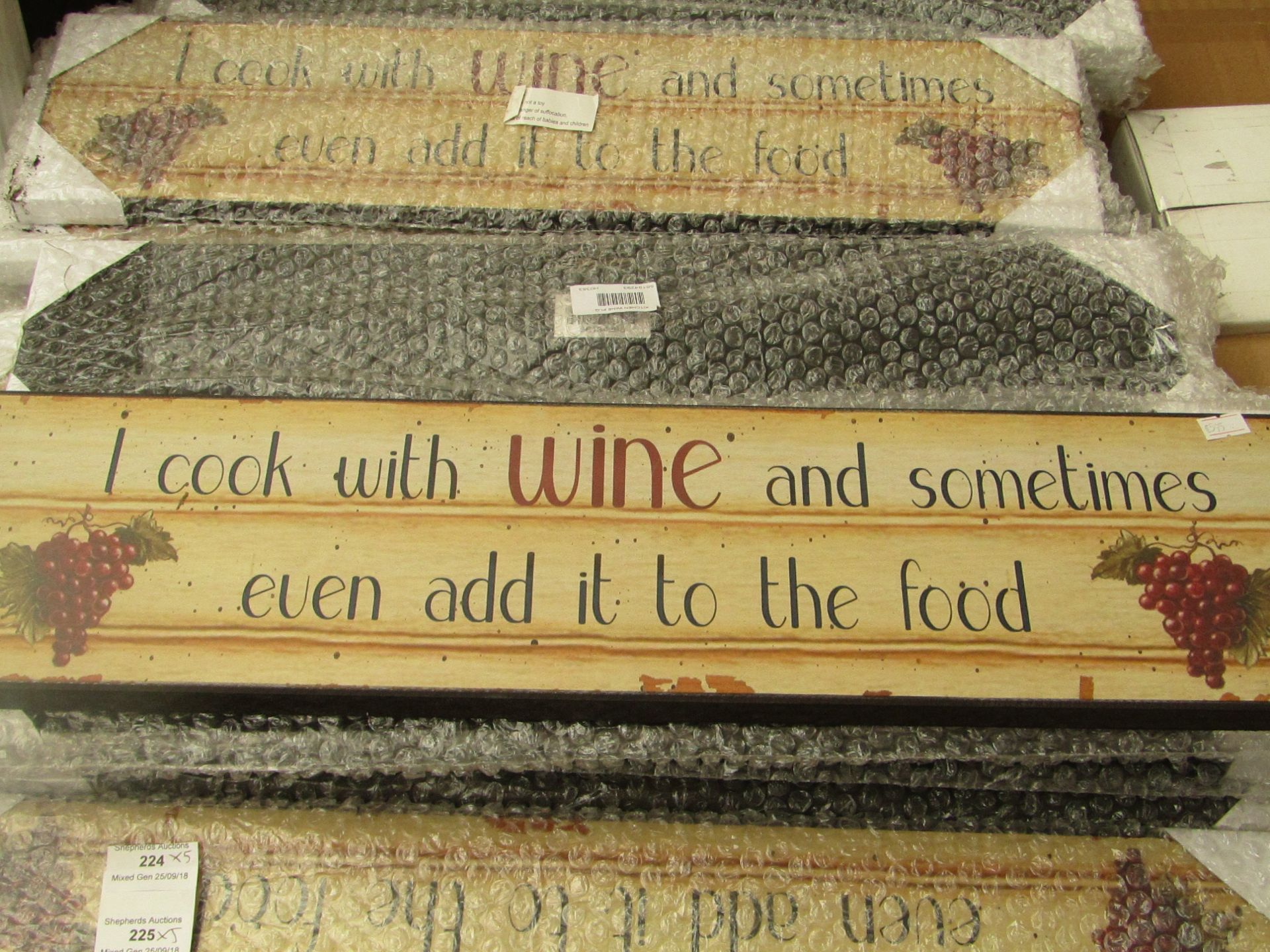 5x "I cook with wine and sometimes even add it to the food" decorative plaques, all new.