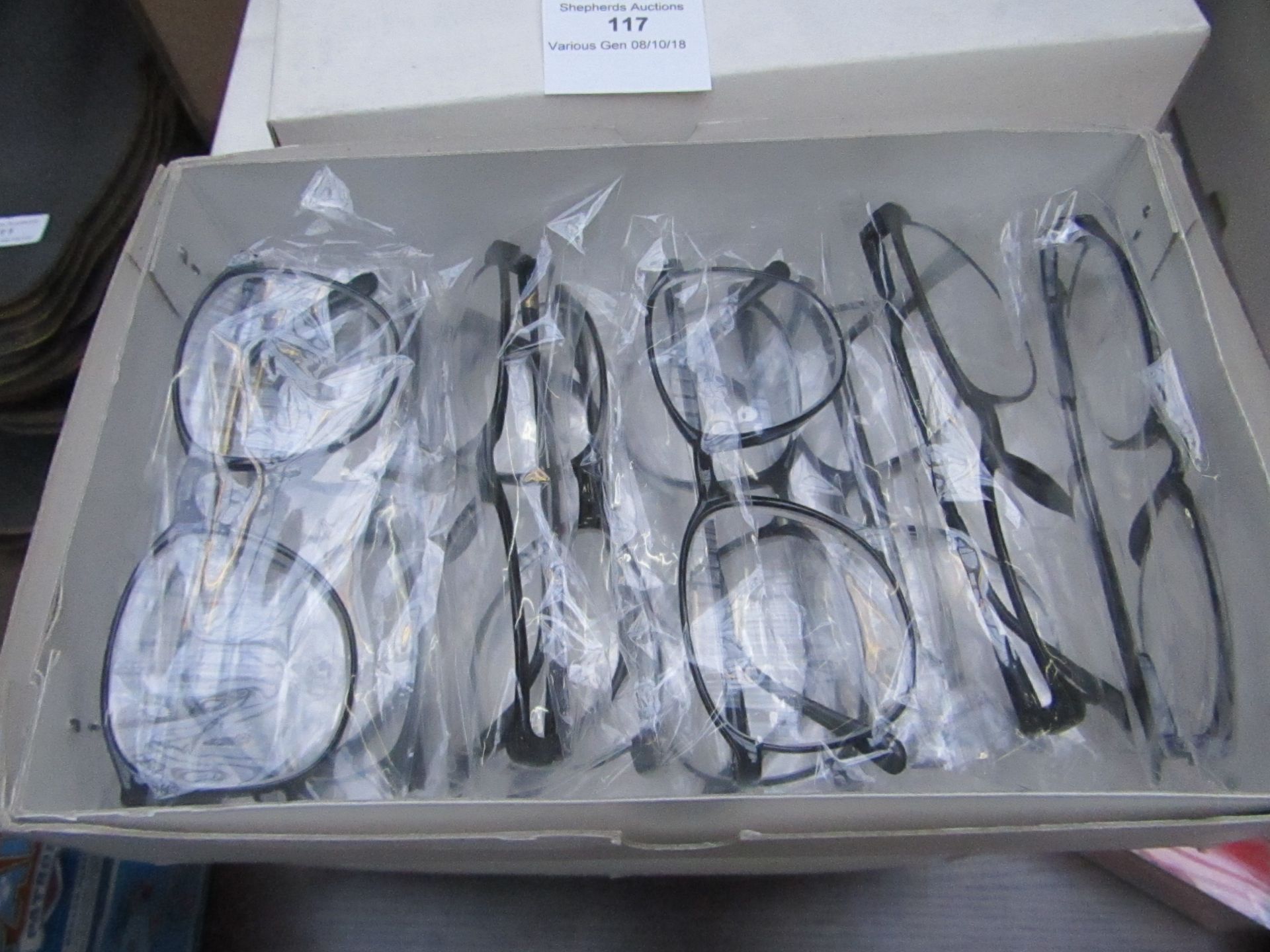 Box of approx 8x glasses with +200 magnification, new