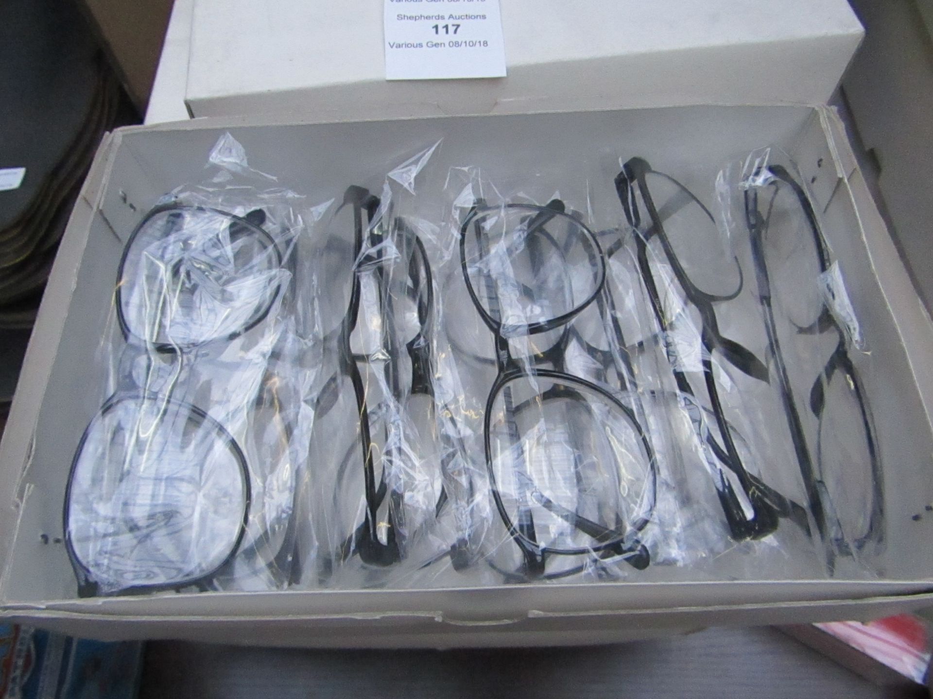 Box of approx 8x glasses with +200 magnification, new