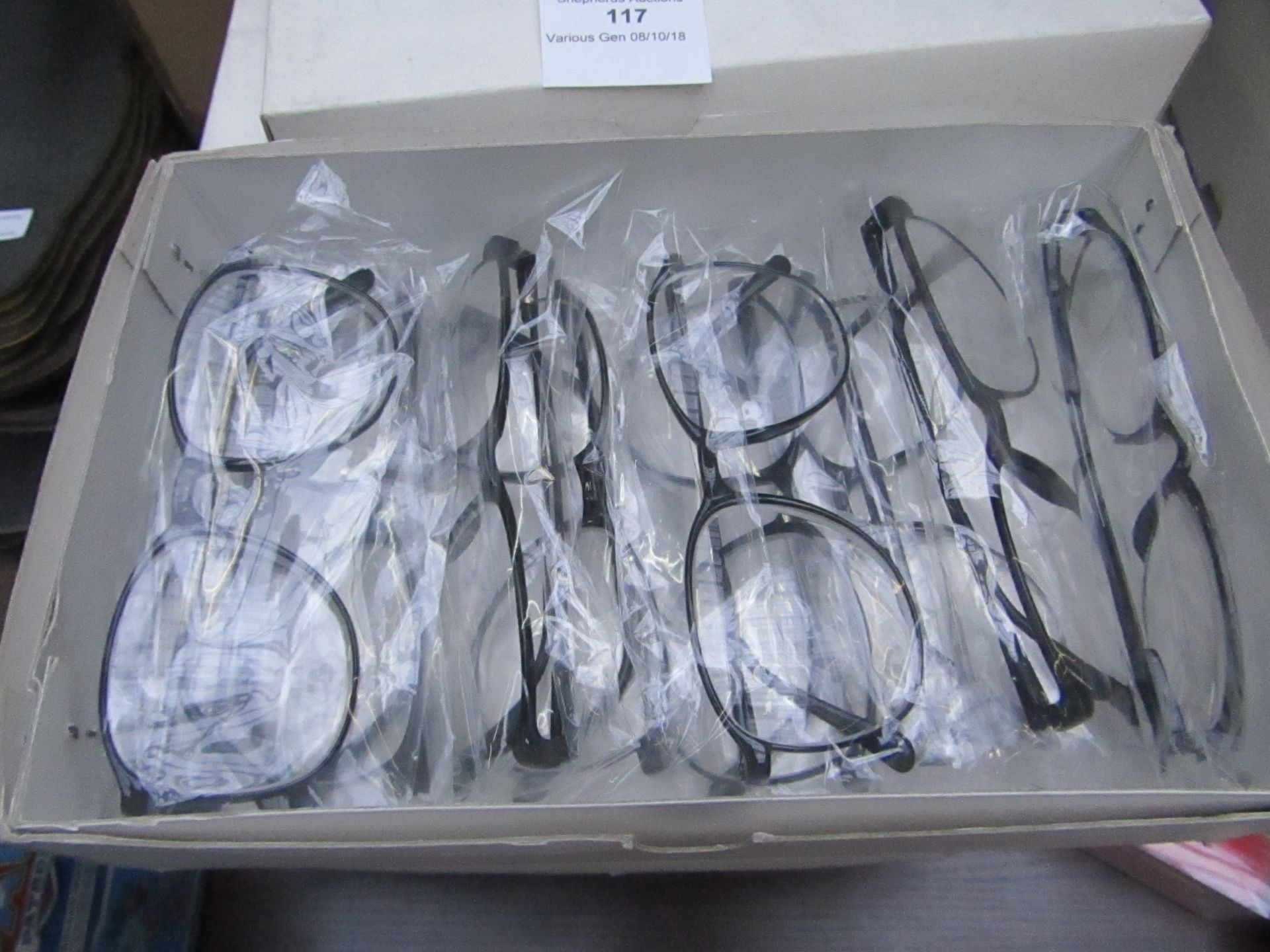 Box of approx 8x glasses with +200 magnification, new