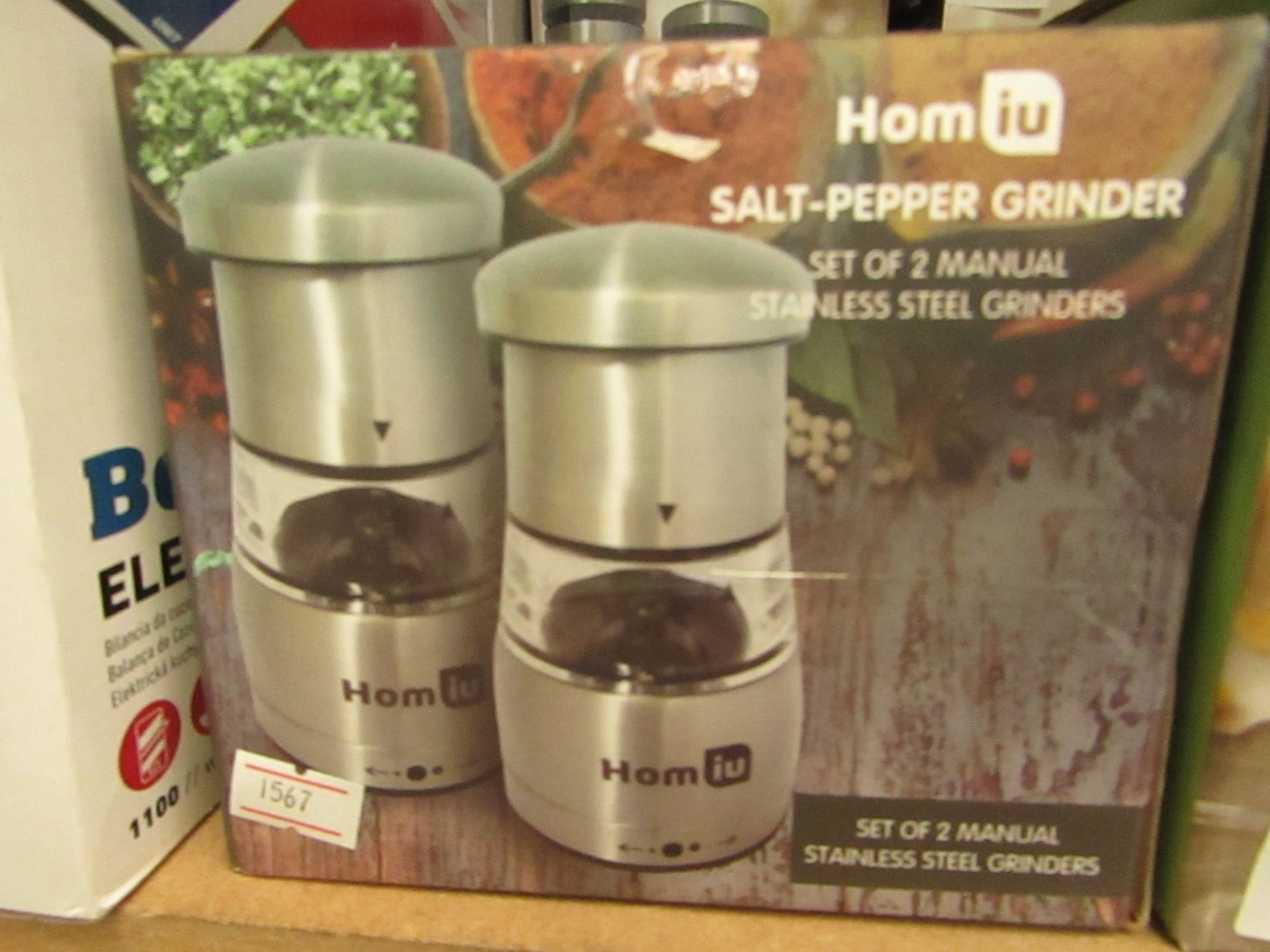 Homiu salt-pepper grinder set of 2 manual stainless steel grinders, unchecked and boxed.