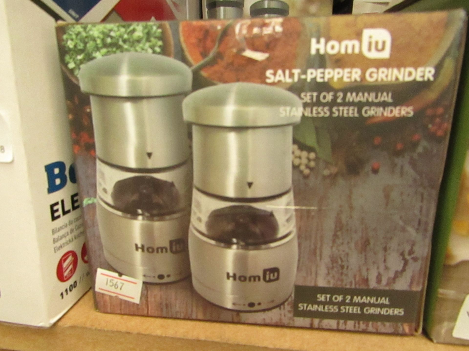 Homiu salt-pepper grinder set of 2 manual stainless steel grinders, unchecked and boxed.