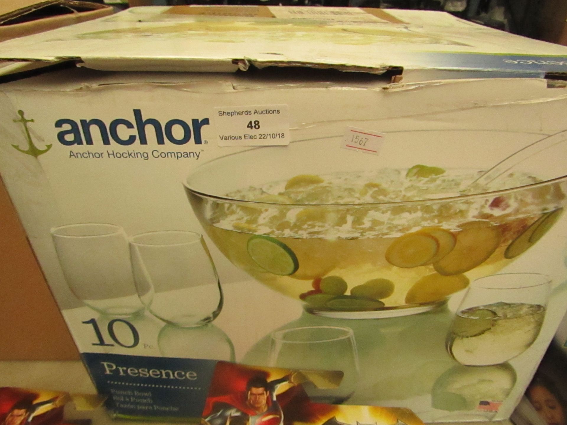 Anchor 10pc Punch set includes; Punch bowl and glasses. Complete and boxed.