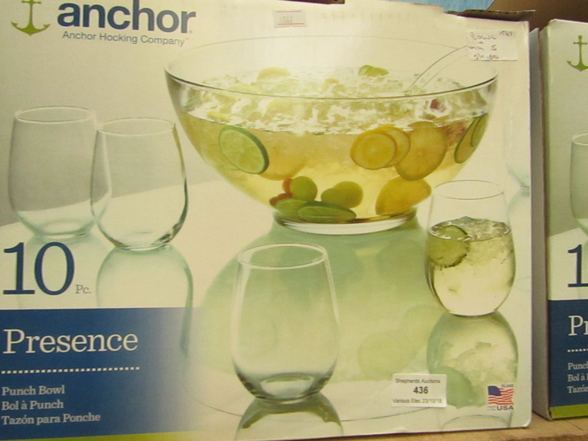 Anchor 6 piece glass set, contains 1 bowl and 5 glasses, was a 10 piece set but 4 glasses missing,