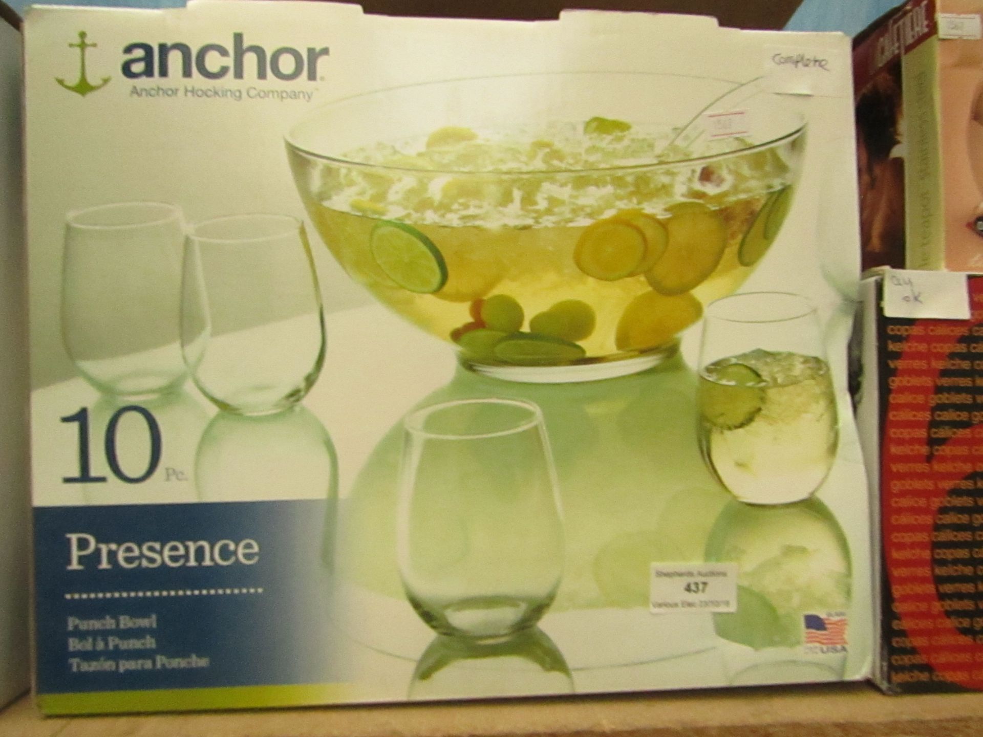 Anchor 10 piece glass set, contains 9 glasses and 1 bowl, new an boxed.