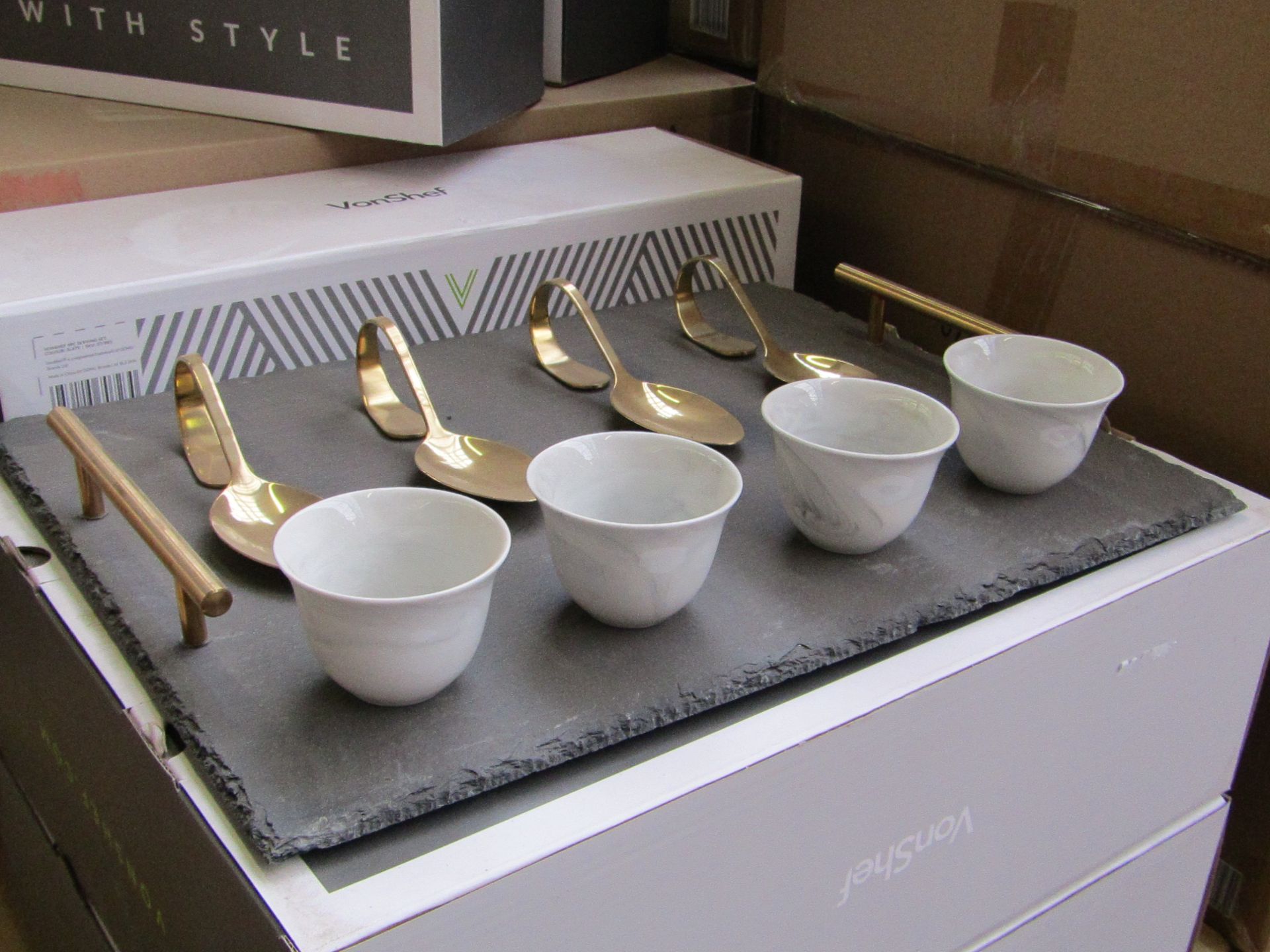 9 piece Horderve serving set on a slate tray, new and boxed