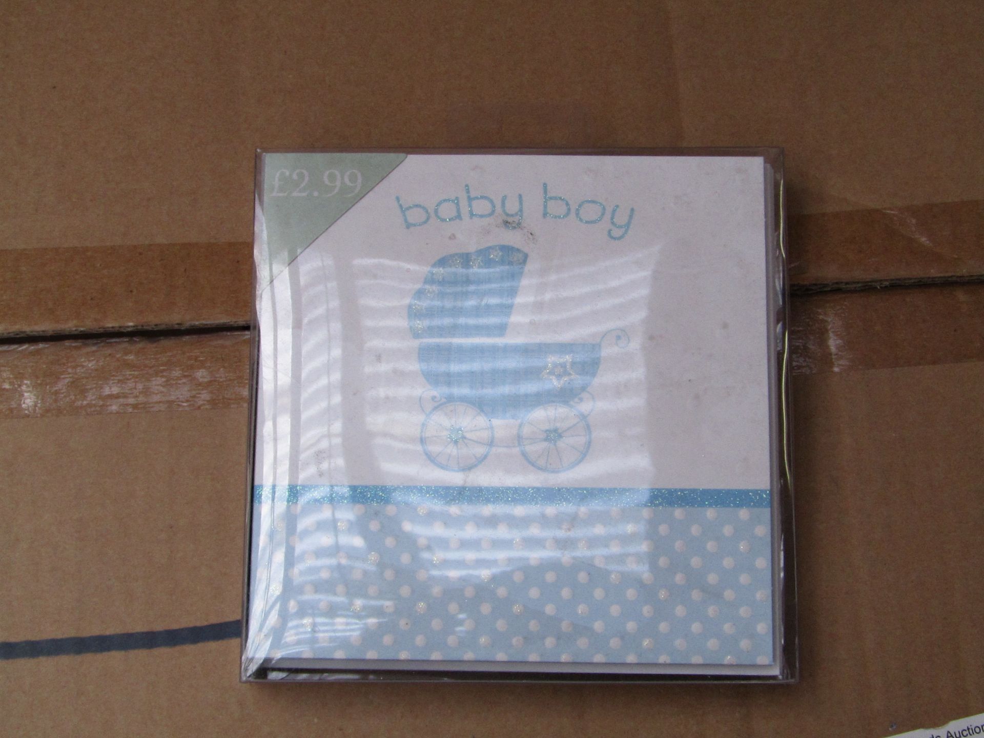 Box of approx 71x packs of 5x 'baby boy' cards with envelopes, all new