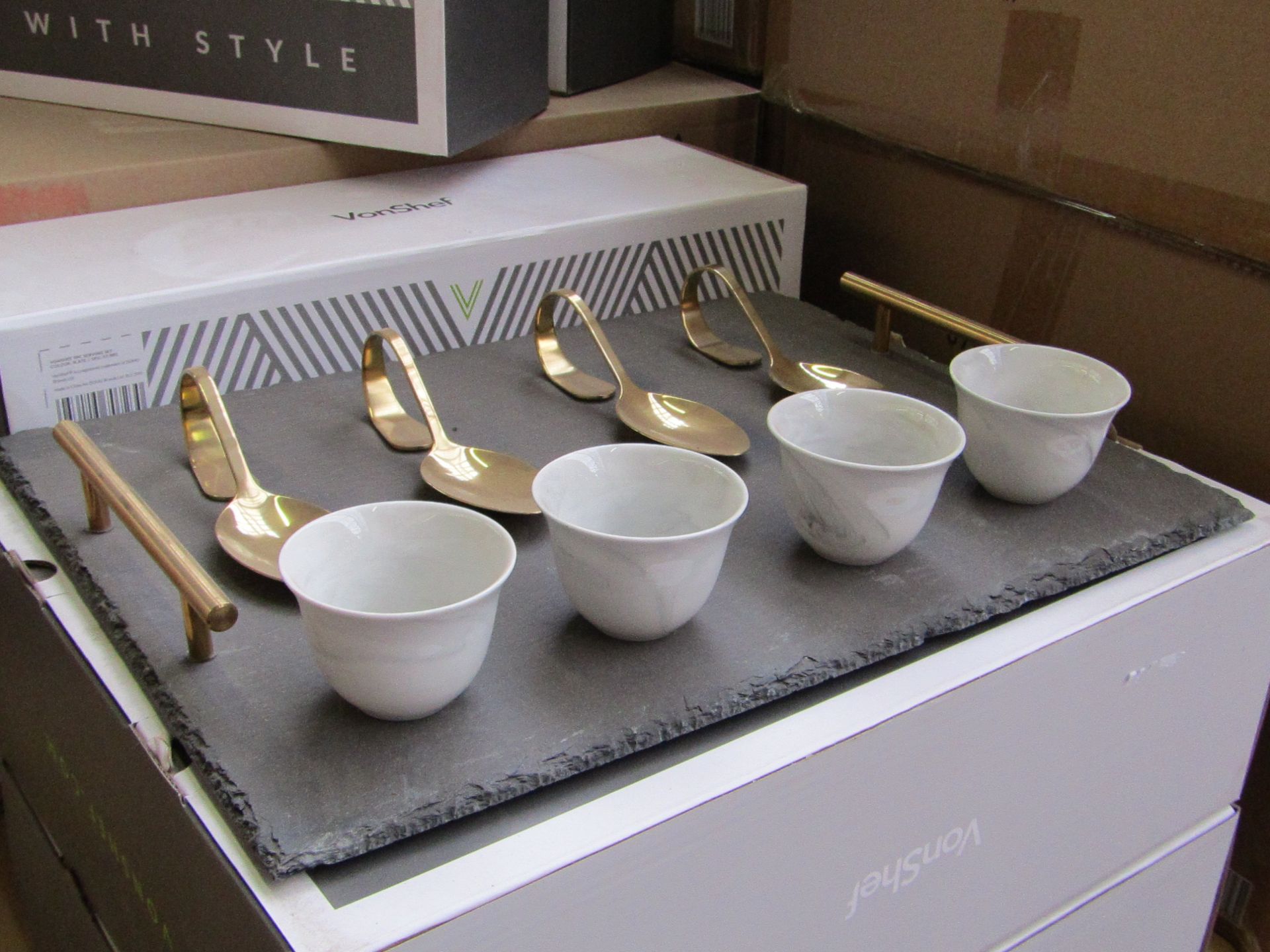 9 piece Horderve serving set on a slate tray, new and boxed