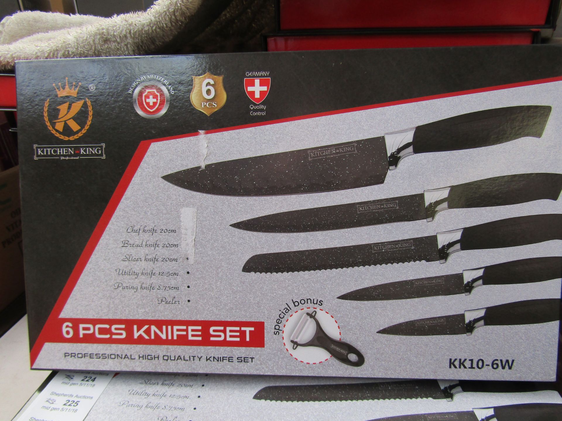 Kitchen King set of 5x knives and 1x peeler tool, all new